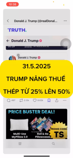 31.5.2025 MR TRUMP ÁP THUẾ THÉP NHÔM 25% LÊN 50% #