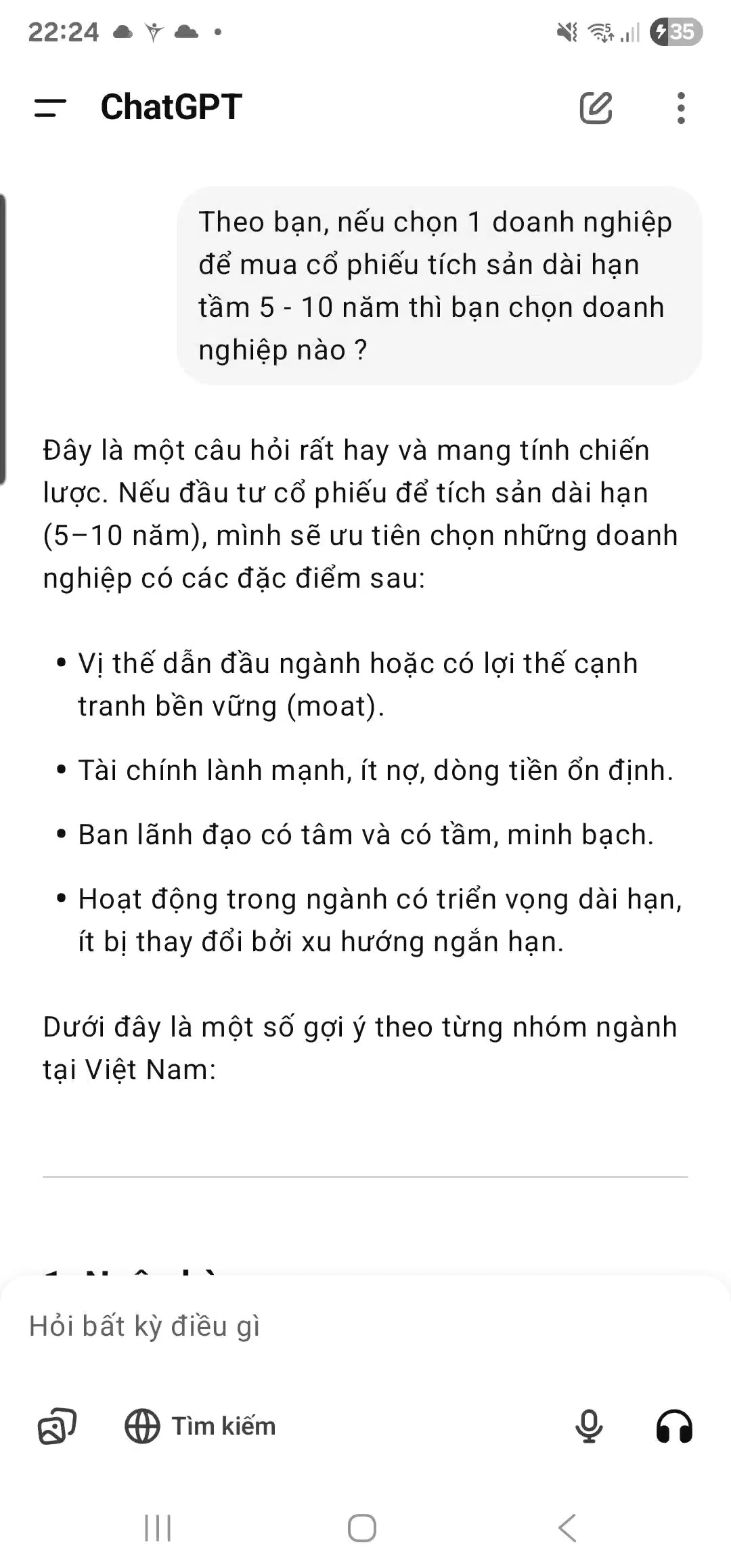 Hỏi chat GPT chọn 1 cổ duy nhất tích sản 5 - 10 nă